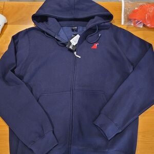 Navy Blue Men's Bomber Jacket with Red Logo